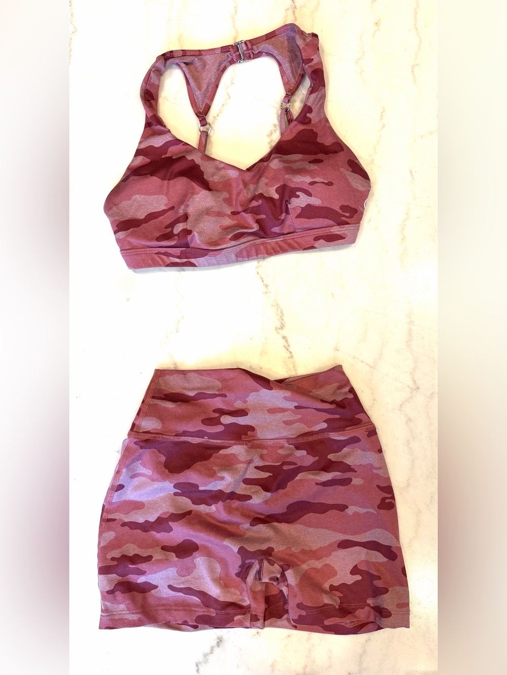 Bombshellsportswear Women's Pink Camo Sports Bra and High-Waist Shorts Set